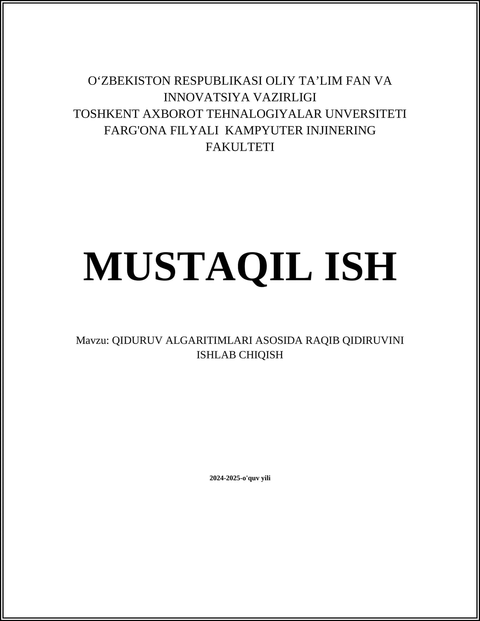 QIDURUV ALGARITIMLARI ASOSIDA RAQIB QIDIRUVINI ISHLAB CHIQISH