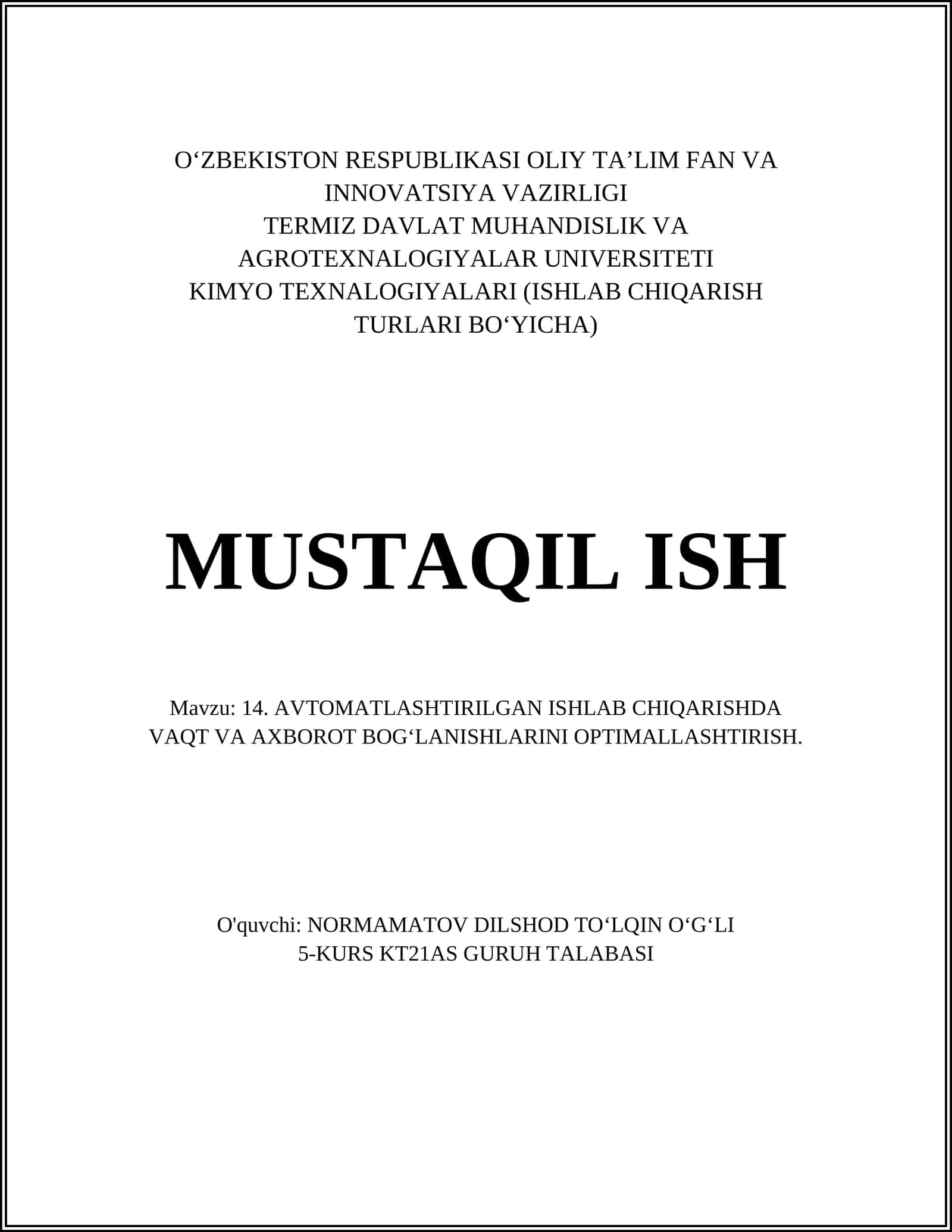14. AVTOMATLASHTIRILGAN ISHLAB CHIQARISHDA VAQT VA AXBOROT BOGʻLANISHLARINI OPTIMALLASHTIRISH