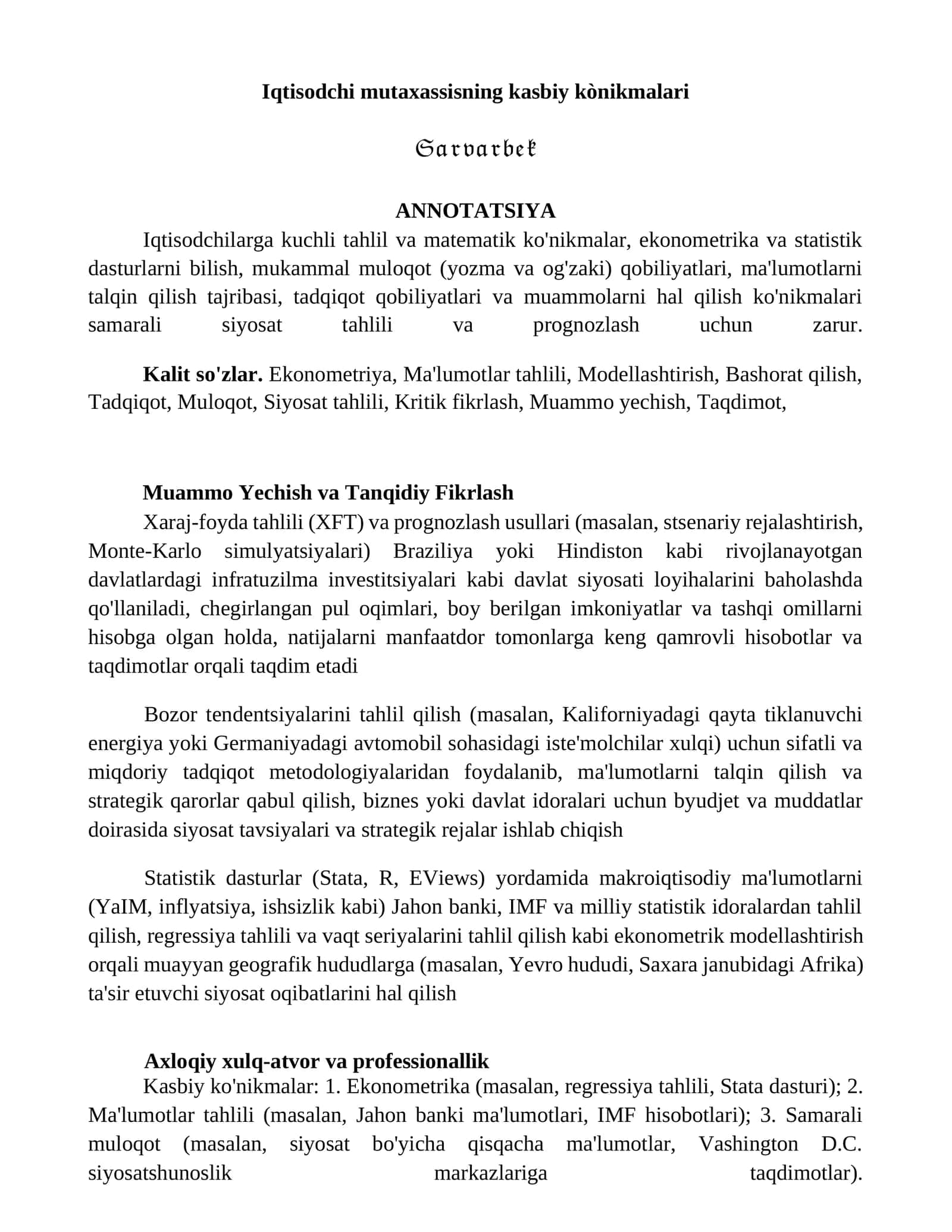 Iqtisodchi mutaxassisning kasbiy ko'nikmalari