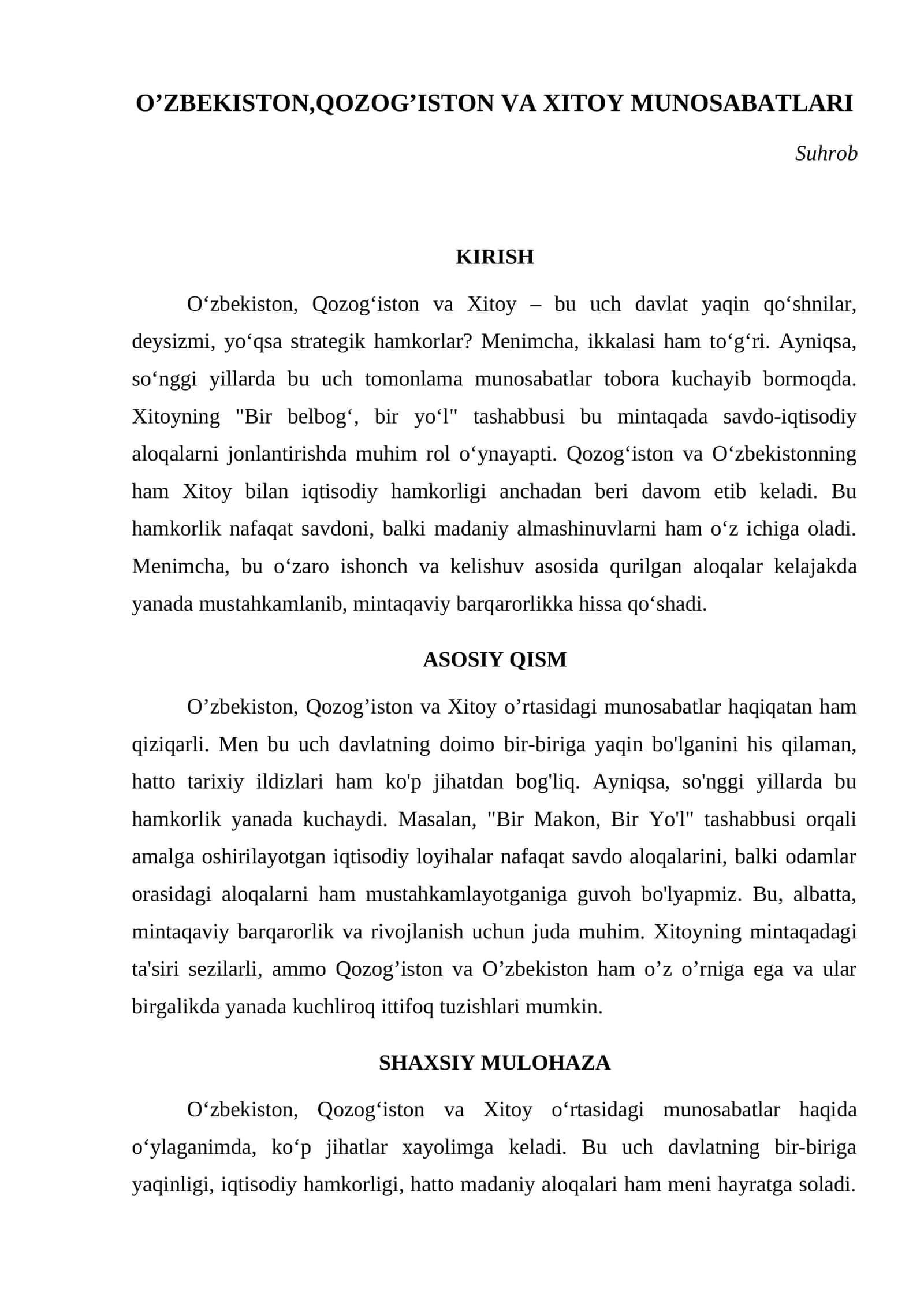 O’ZBEKISTON,QOZOG’ISTON VA XITOY MUNOSABATLARI