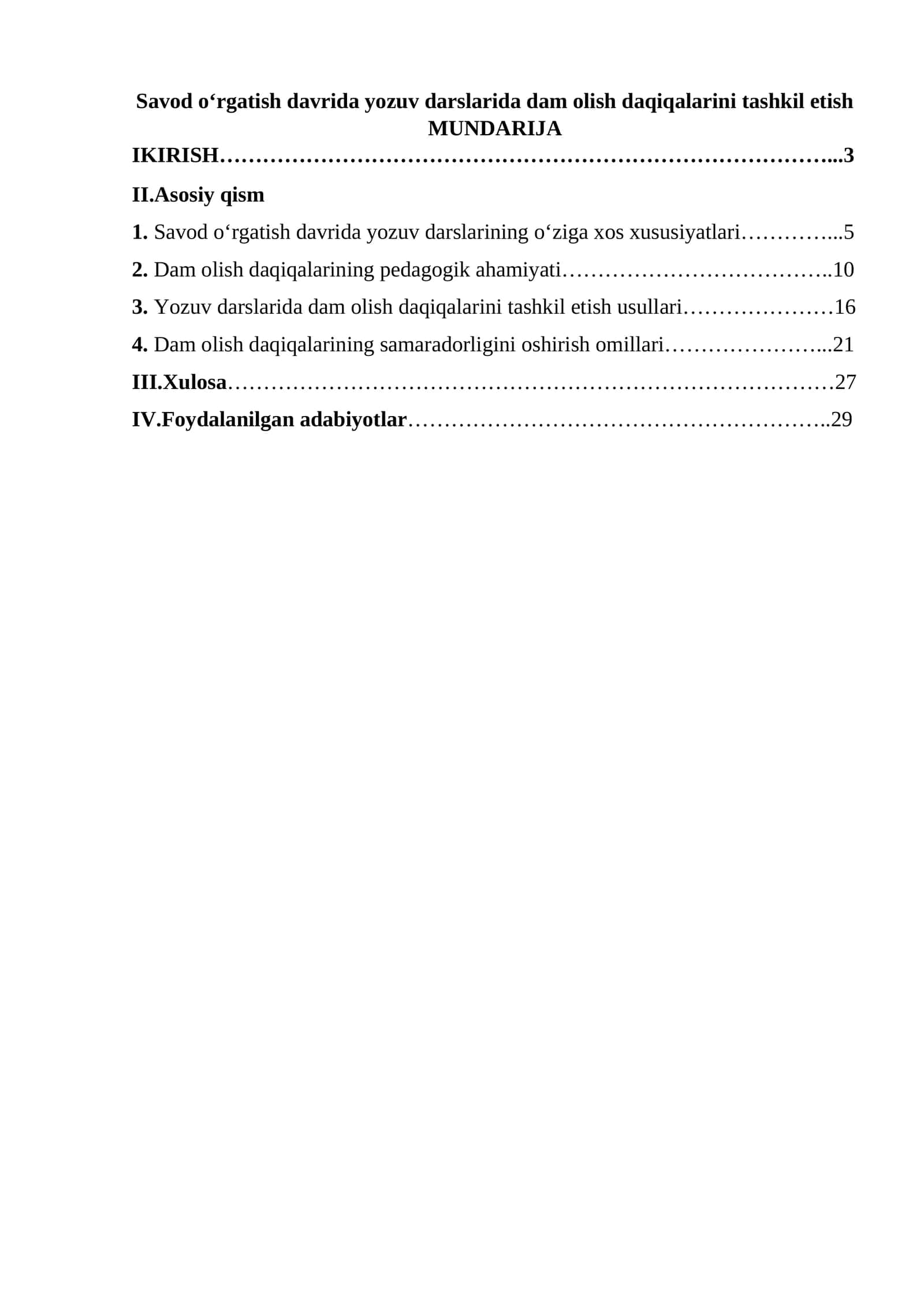 Savod o‘rgatish davrida yozuv darslarida dam olish daqiqalarini tashkil etish