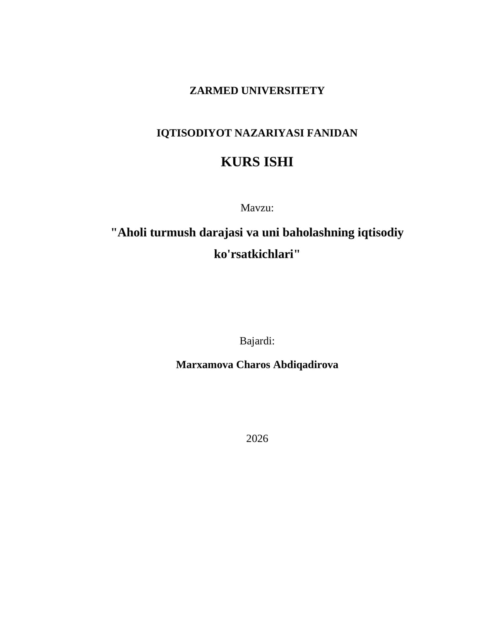 ZARMED UNIVERSITETY IQTISODIYOT NAZARIYASI FANIDAN KURS ISHI