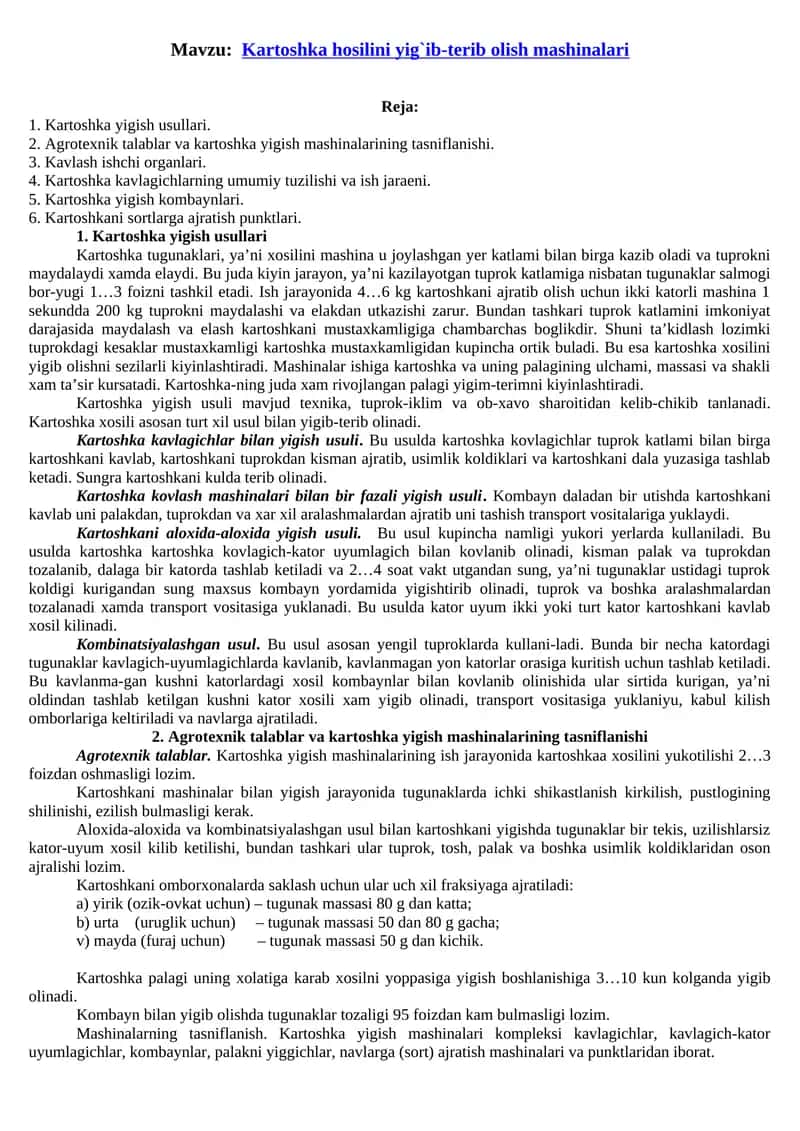 Kartoshka hosilini yig`ib-terib olish mashinalari