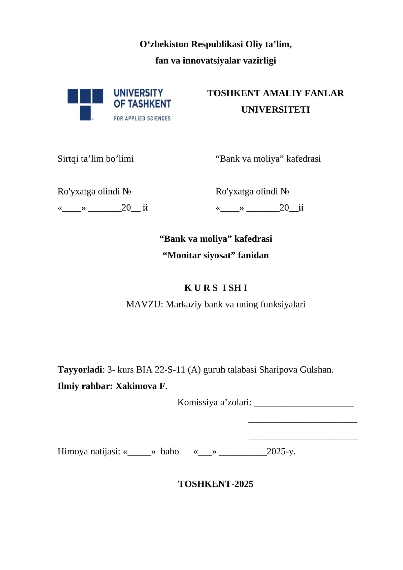 Markaziy bank va uning funksiyalari