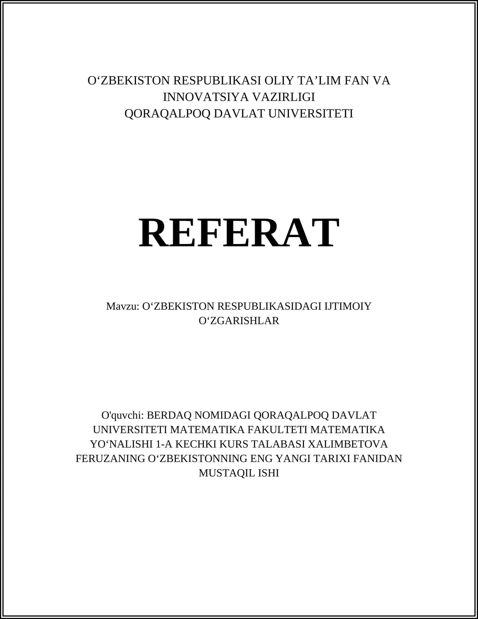 O‘ZBEKISTON RESPUBLIKASIDAGI IJTIMOIY O‘ZGARISHLAR