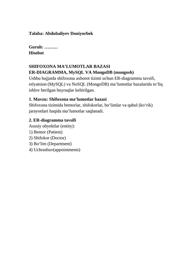 SHIFOXONA MA'LUMOTLAR BAZASI