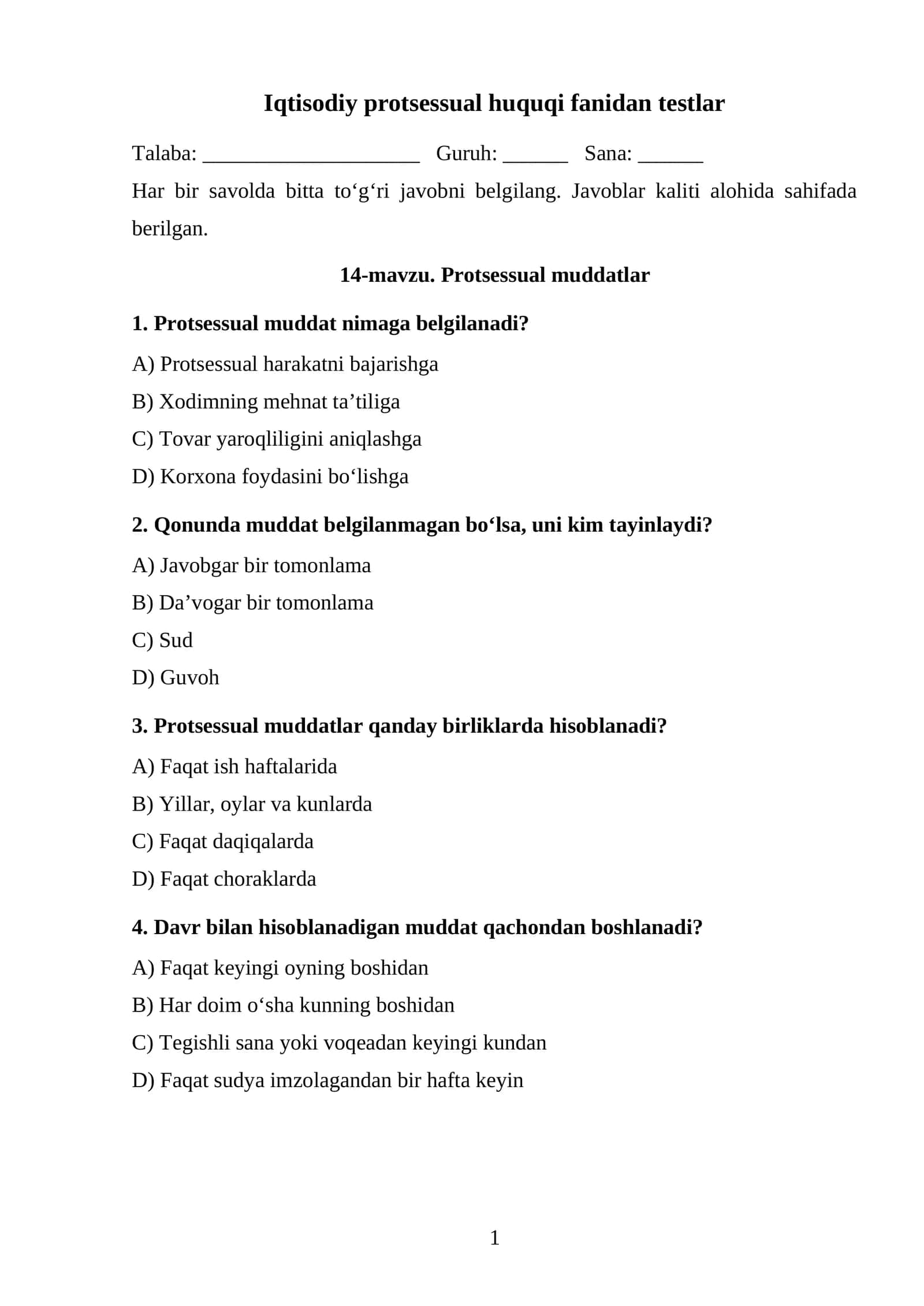 Protsessual muddatlar TEST