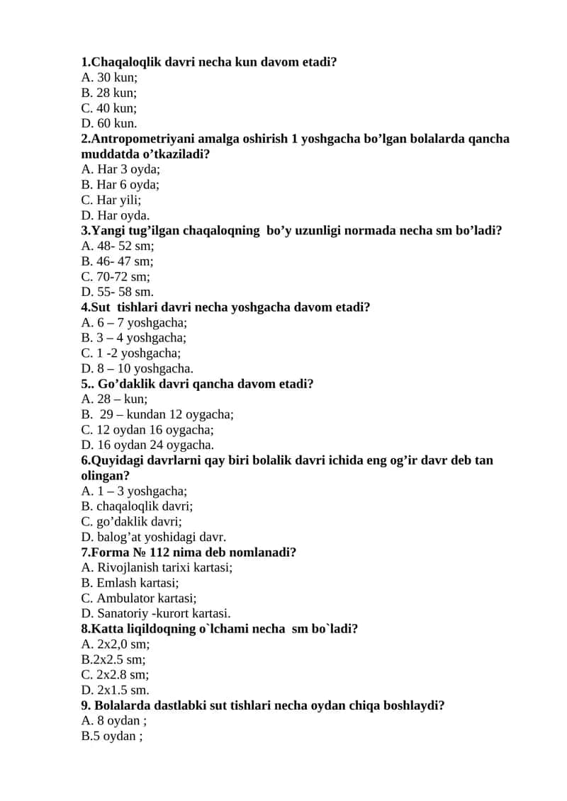 Chaqaloq Davri Testlar