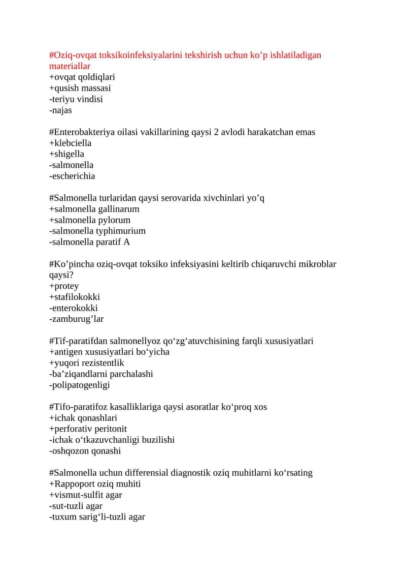Oziq-ovqat toksikoinfeksiyalarini tekshirish materiallari