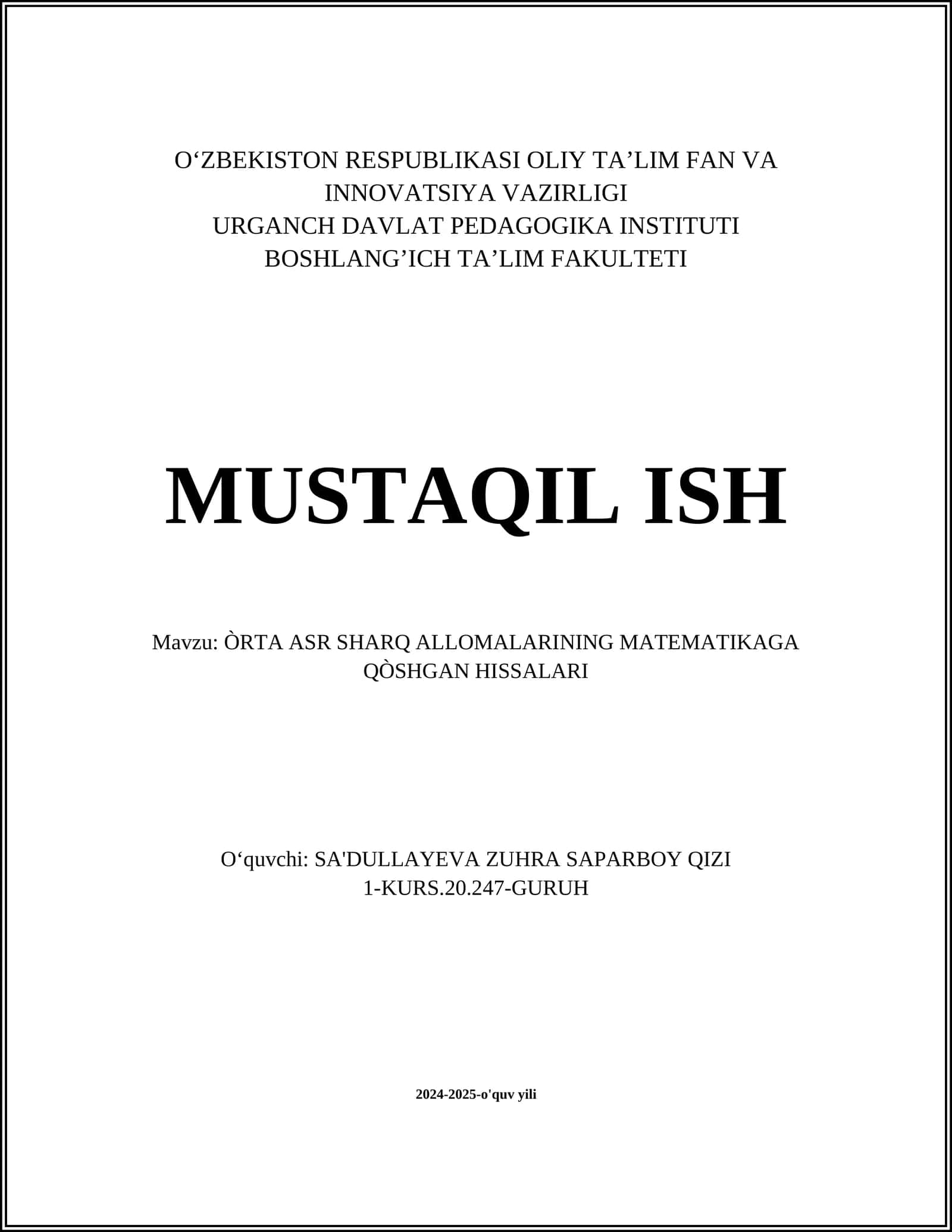 ÒRTA ASR SHARQ ALLOMALARINING MATEMATIKAGA QÒSHGAN HISSALARI
