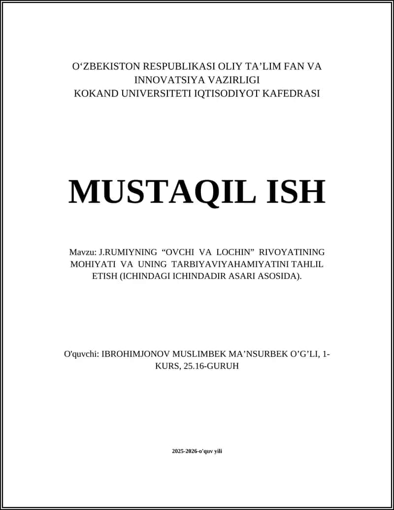 J.RUMIYNING “OVCHI VA LOCHIN” RIVOYATI