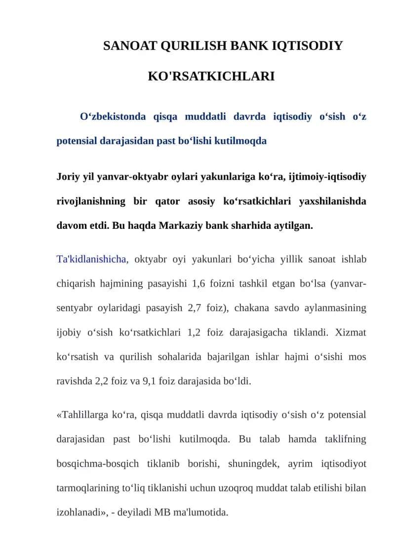 SANOAT QURILISH BANK IQTISODIY KO'RSATKICHLARI