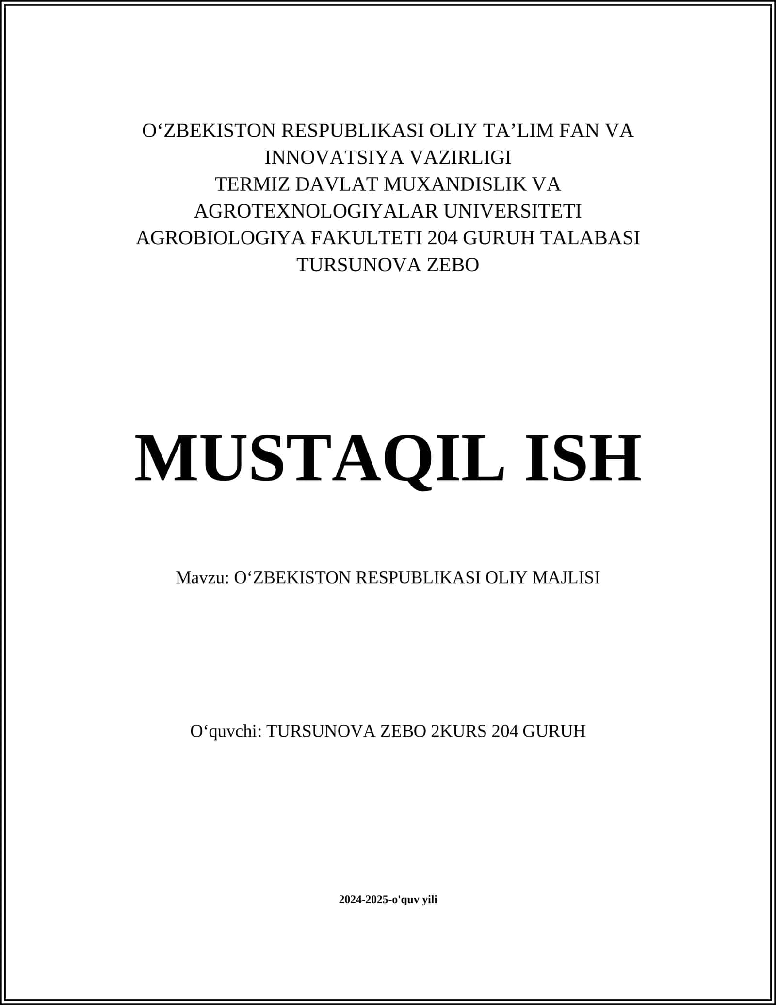 OʻZBEKISTON RESPUBLIKASI OLIY MAJLISI