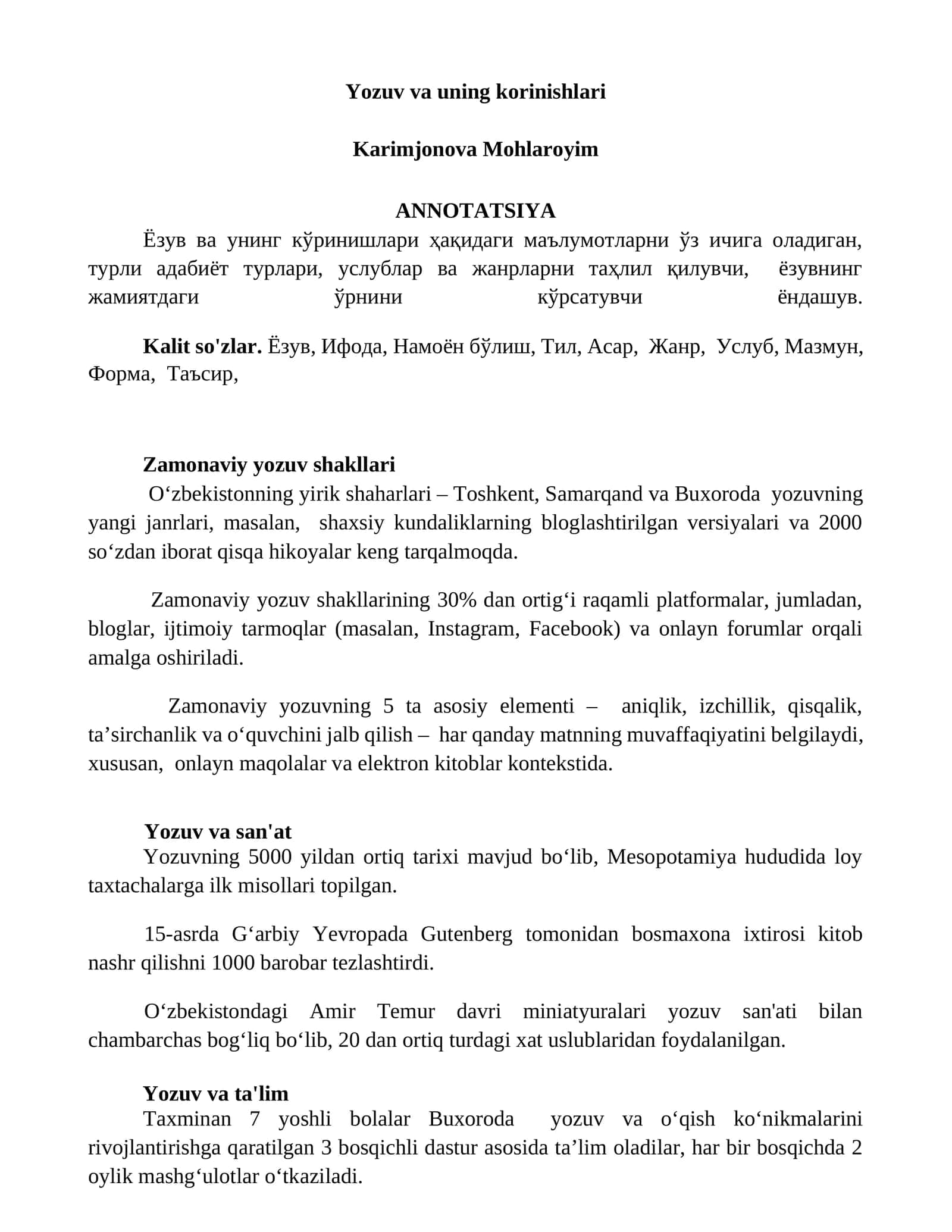 Yozuv va uning korinishlari
