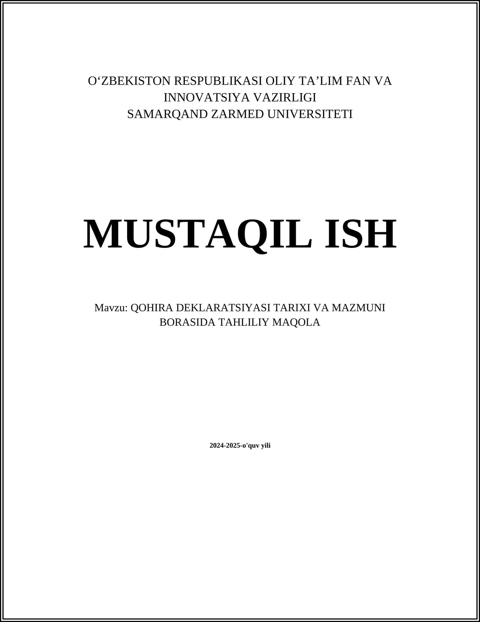 QOHIRA DEKLARATSIYASI TARIXI VA MAZMUNI BORASIDA TAHLILIY MAQOLA