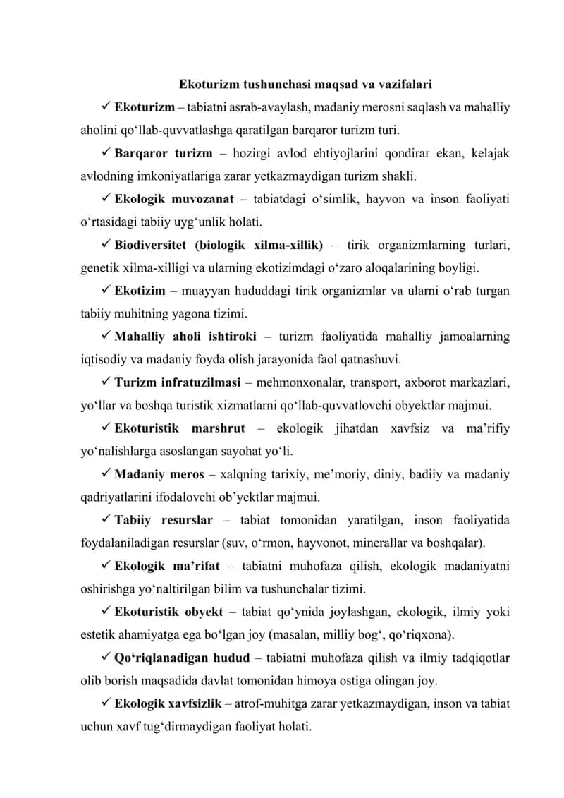 Ekoturizm tushunchasi maqsad va vazifalari
