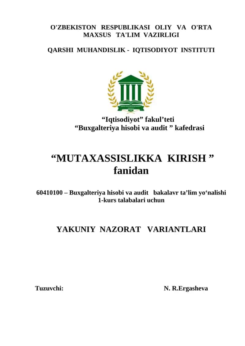 Mutaxassislikka kirish yakuniy nazorat savollari