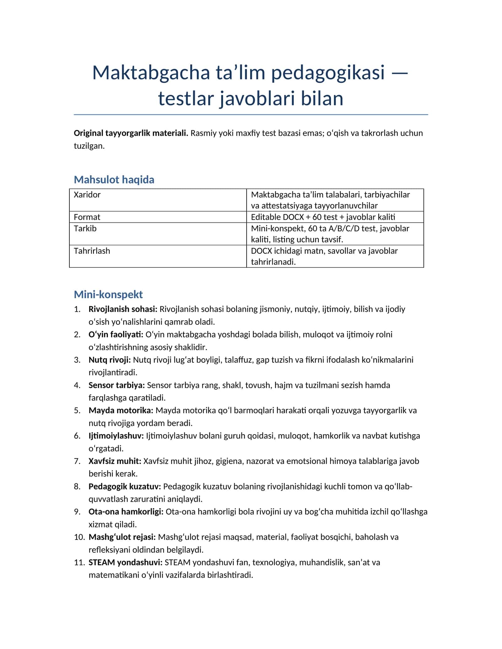 Maktabgacha ta’lim pedagogikasi — testlar javoblari bilan