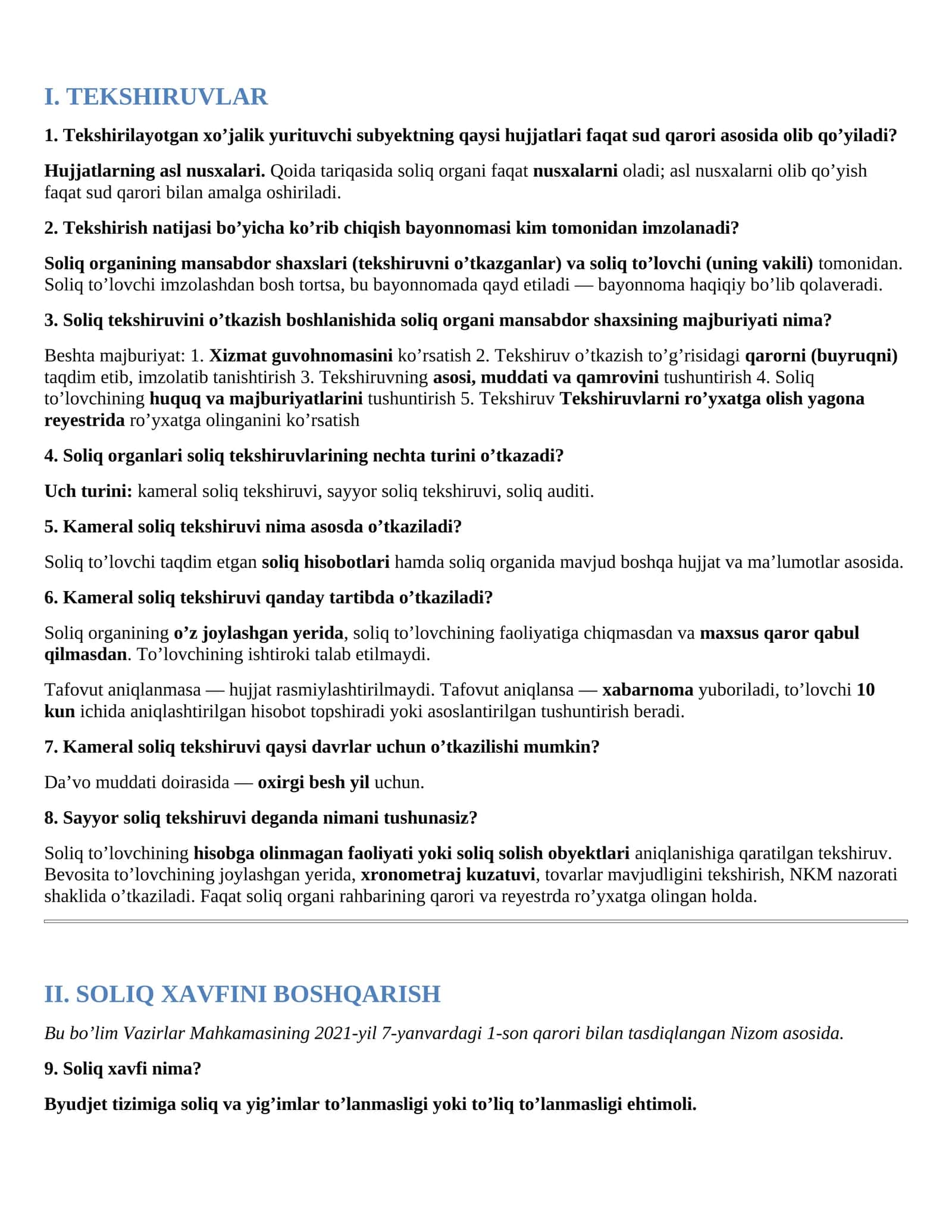 Soliq organlariga ishga kirish — suhbat savollari va javoblari Soliq ishga kirish suhbat savollari va javoblari Soliq xodimi lavozimi uchun suhbat savollari Soliq organlari uchun test va suhbat savollari Soliq inspeksiyasiga ishga kirish savollari va javoblari Soliq qo‘mitasi — ishga qabul suhbatiga tayyorgarlik