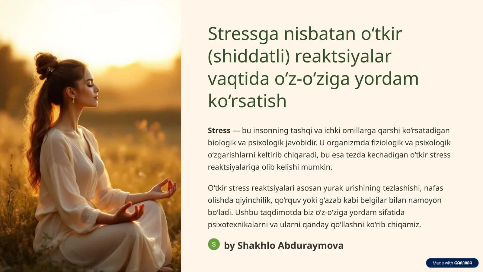 Stressga nisbatan o‘tkir (shiddatli) reaktsiyalar vaqtida o‘z-o‘ziga yordam ko‘rsatish