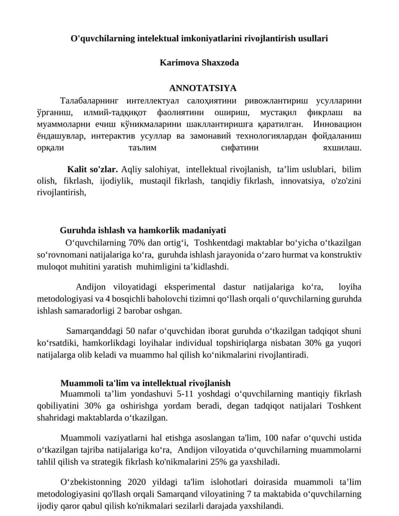 O'quvchilarning intelektual imkoniyatlarini rivojlantirish usullari
