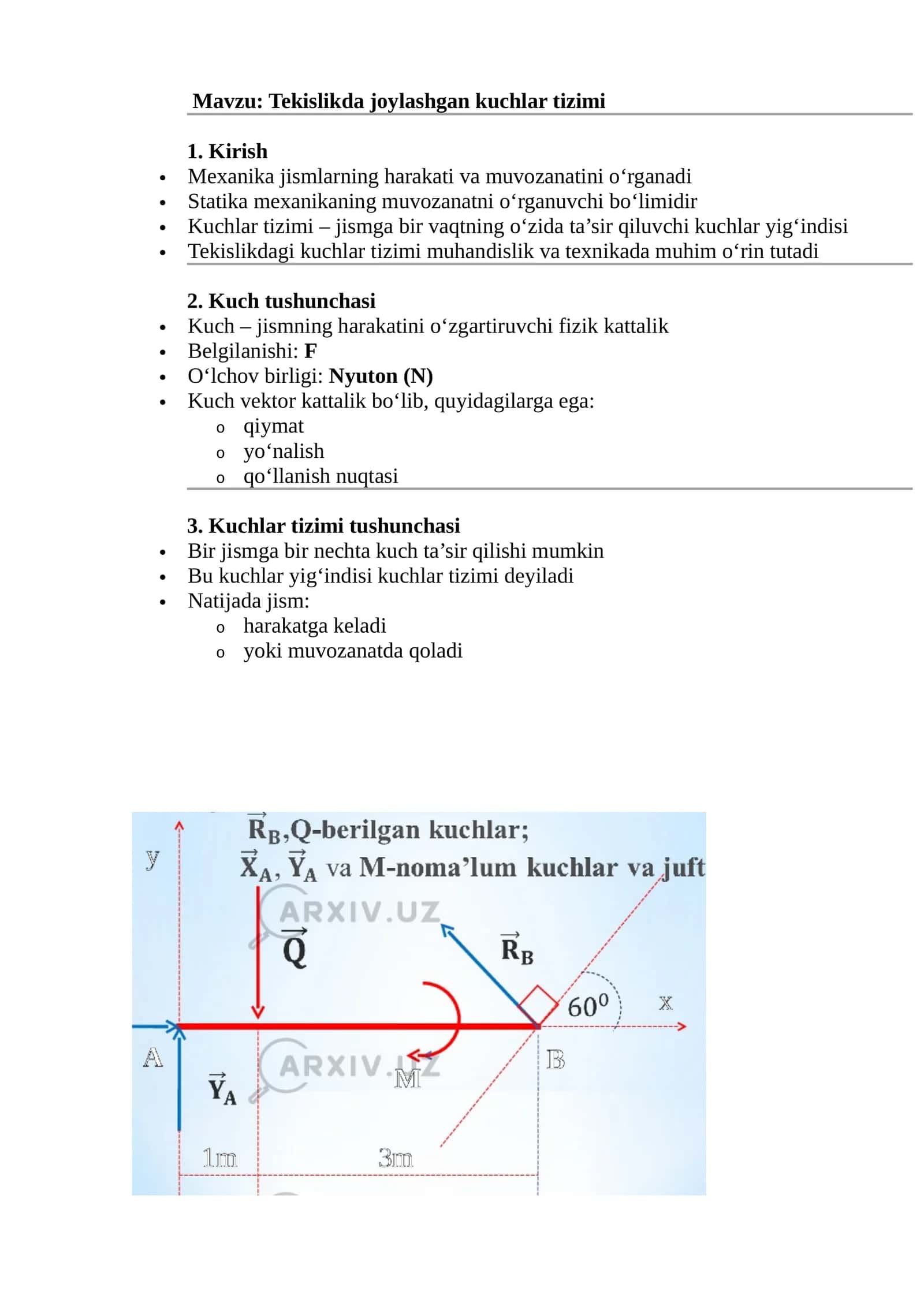 Tekislikda joylashgan kuchlar tizimi