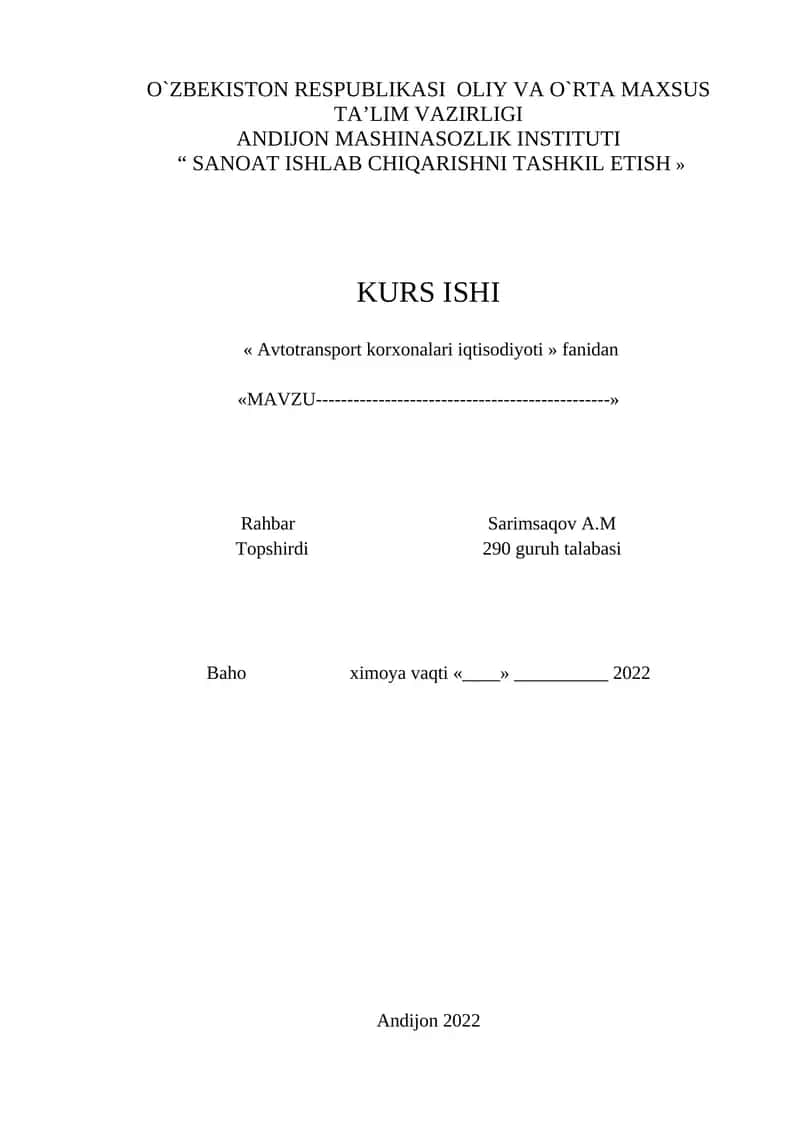 Avtotransport korxonalari iqtisodiyoti fanidan kurs ishi