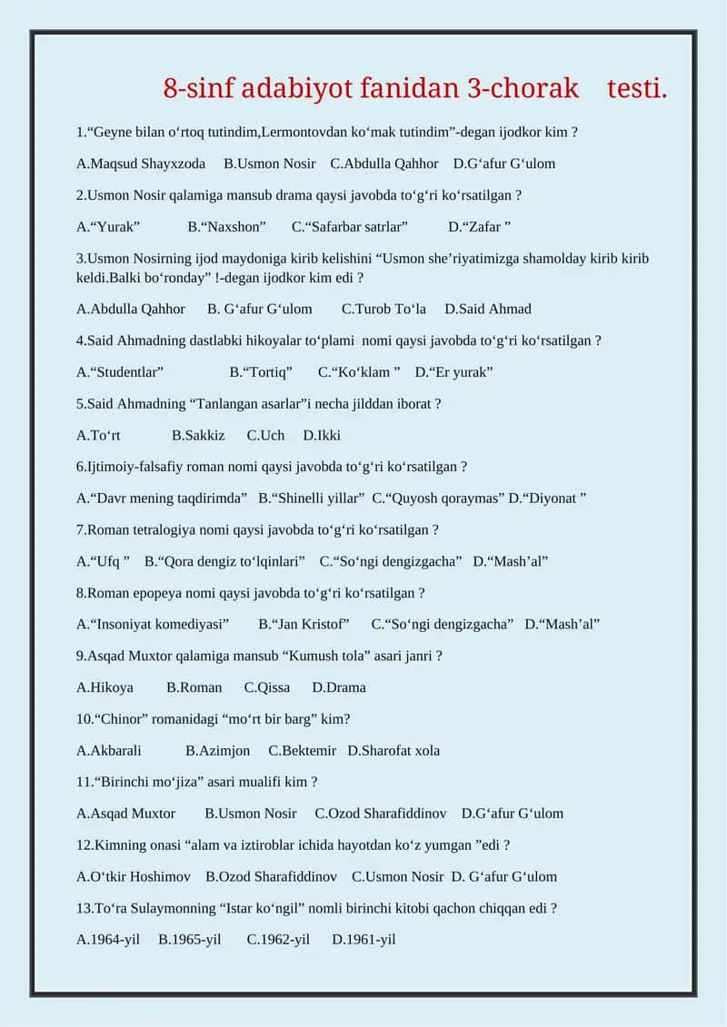 8-sinf adabiyot fanidan 3-chorak testi
