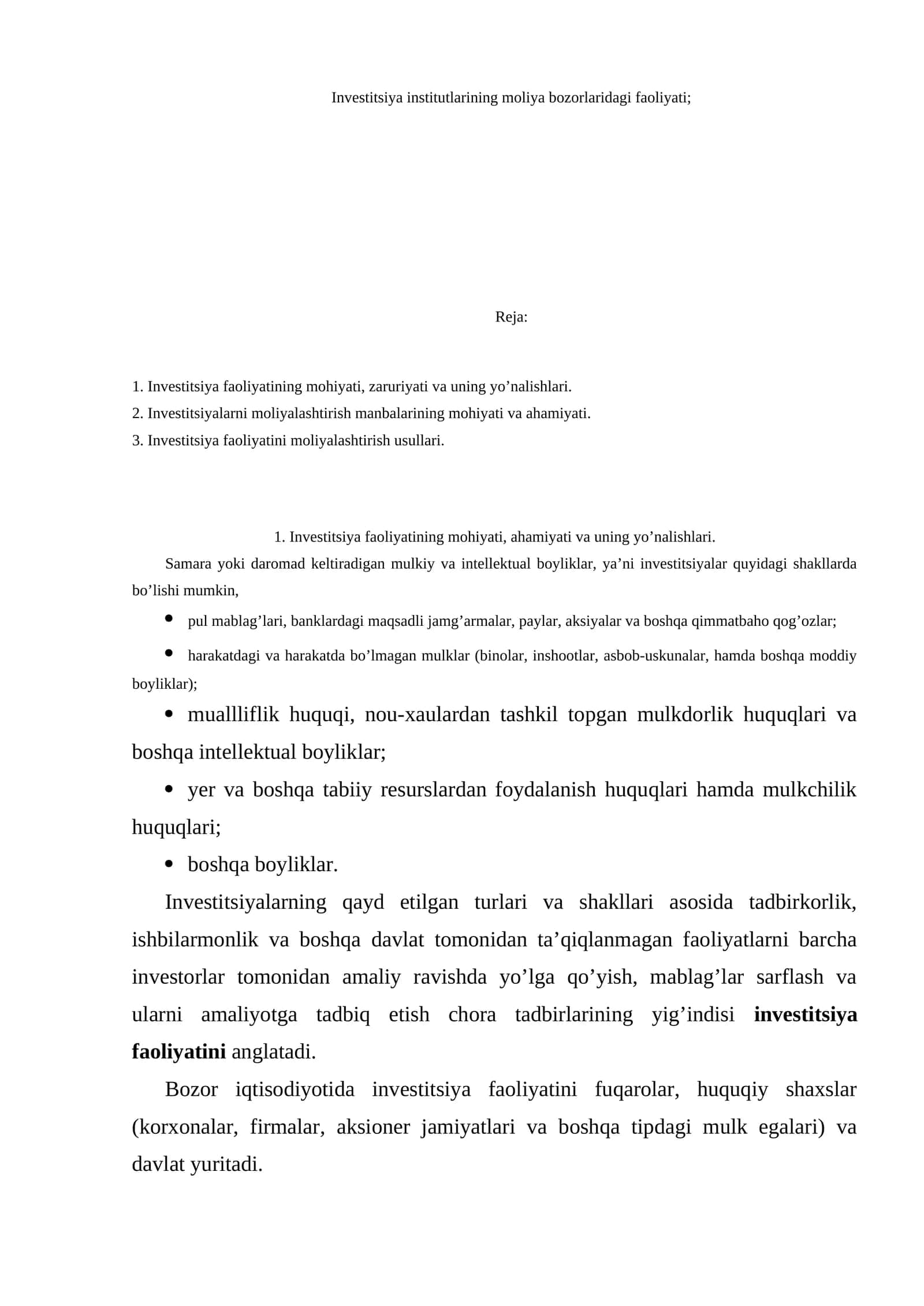 Investitsiya institutlarining moliya bozorlaridagi faoliyati