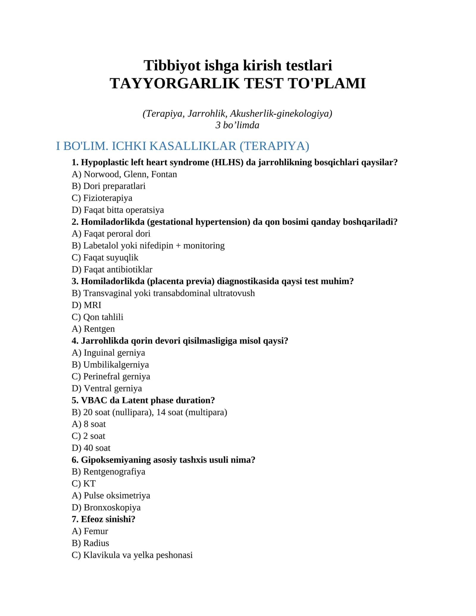 Tibbiyot ishga kirish testlari
