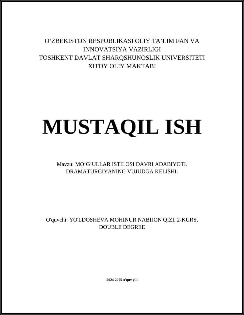 MO‘G‘ULLAR ISTILOSI DAVRI ADABIYOTI