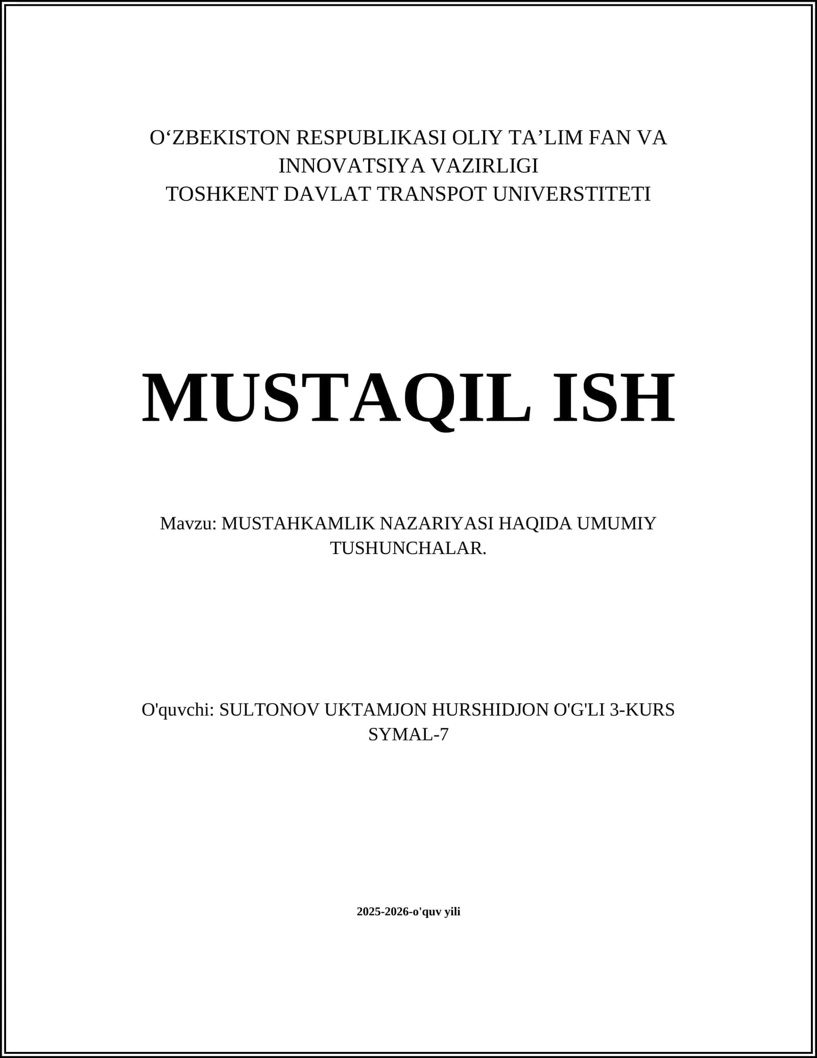 MUSTАHKАMLIK NАZАRIYASI HAQIDA UMUMIY TUSHUNCHALAR