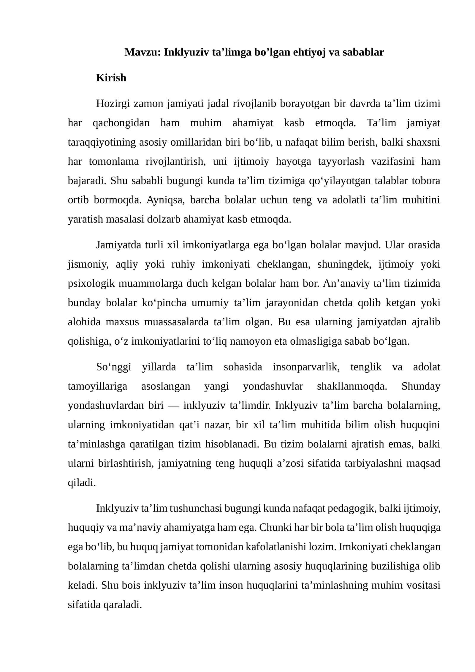 Inklyuziv ta’limga bo’lgan ehtiyoj va sabablar doklad