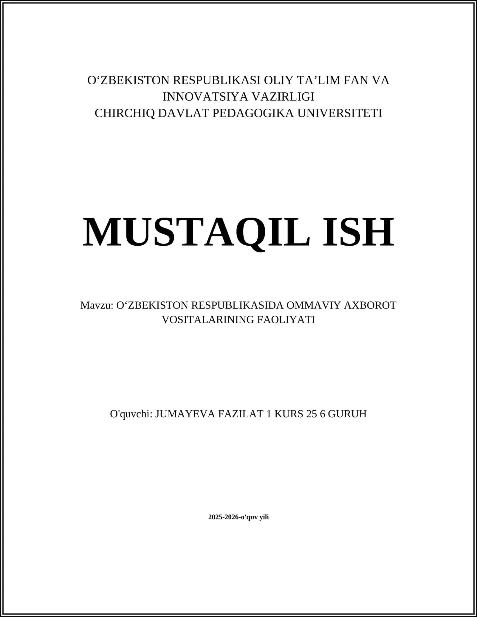 O‘ZBEKISTON RESPUBLIKASIDA OMMAVIY AXBOROT VOSITALARINING FAOLIYATI