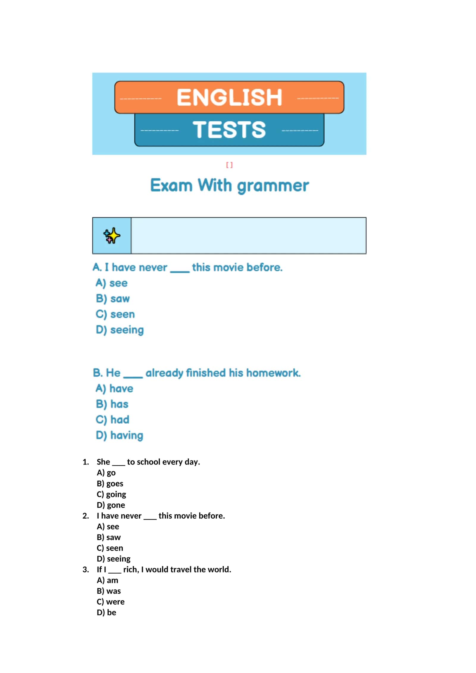 ingliz tilidan grammatika testlari