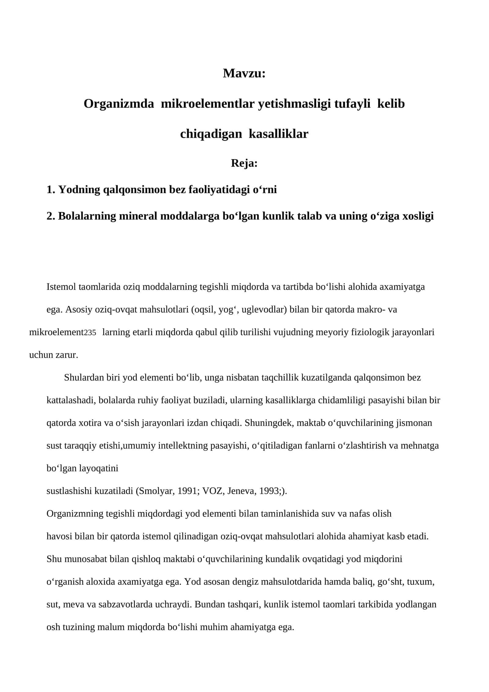 Organizmda mikroelementlar yetishmasligi tufayli kelib chiqadigan kasalliklar