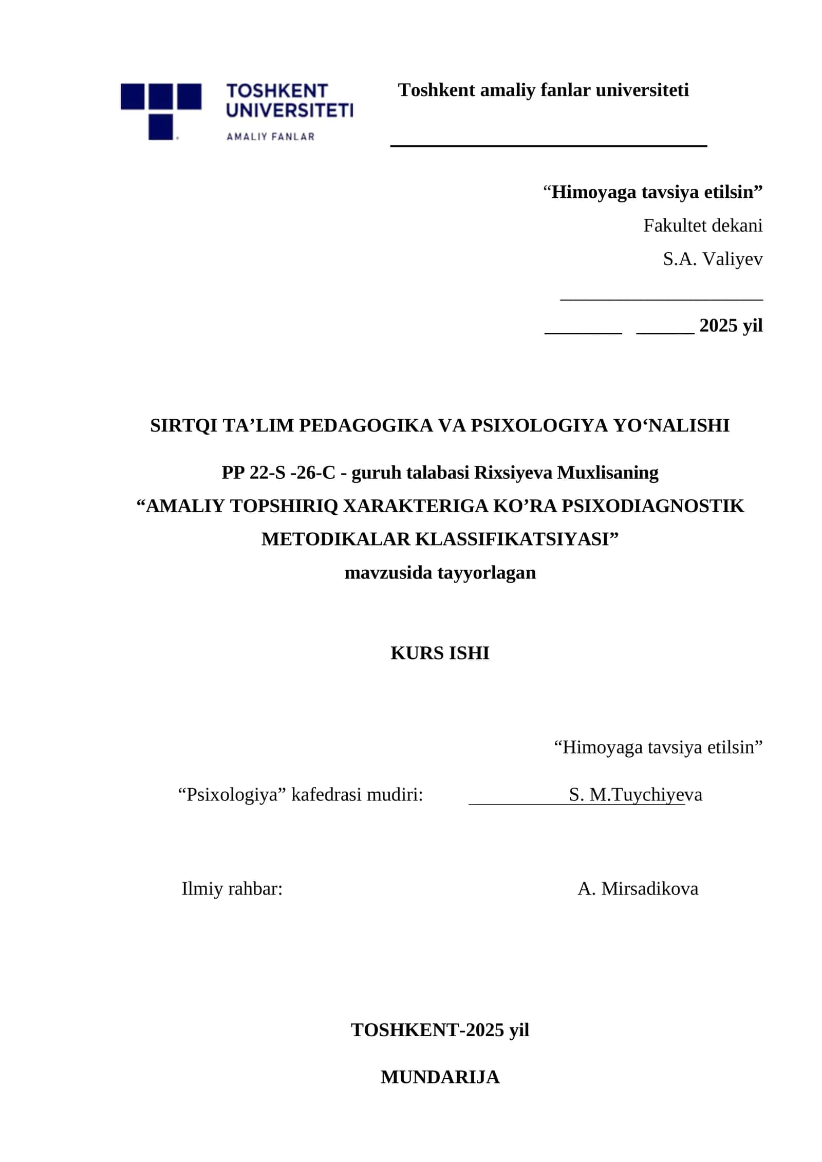 AMALIY TOPSHIRIQ XARAKTERIGA KO’RA PSIXODIAGNOSTIK METODIKALAR KLASSIFIKATSIYASI