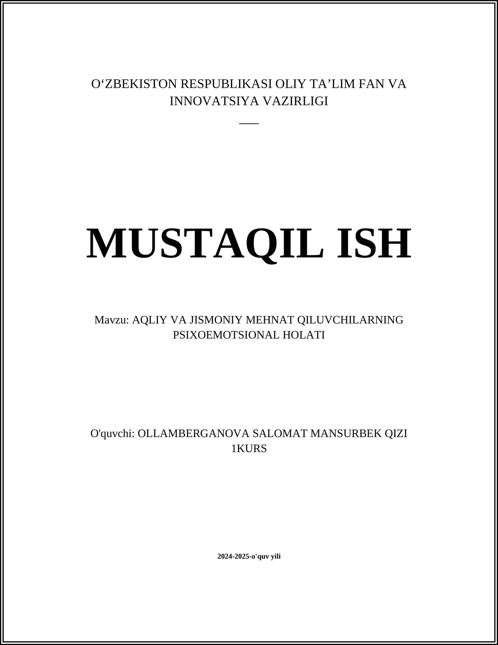 AQLIY VA JISMONIY MEHNAT QILUVCHILARNING PSIXOEMOTSIONAL HOLATI