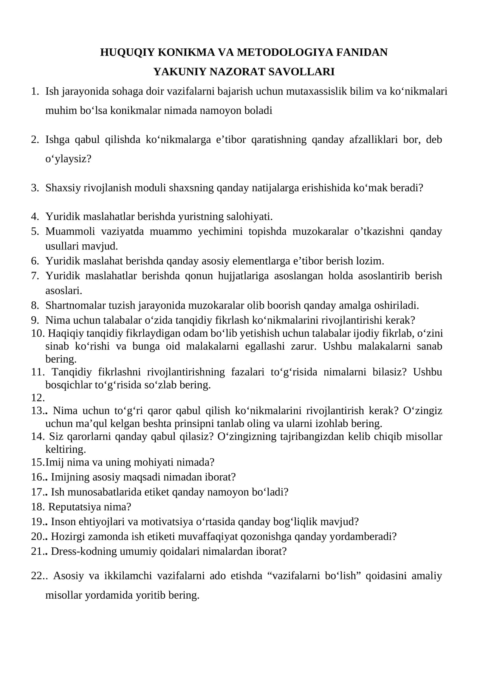 HUQUQIY KONIKMA VA METODOLOGIYA FANIDAN YAKUNIY NAZORAT SAVOLLARI