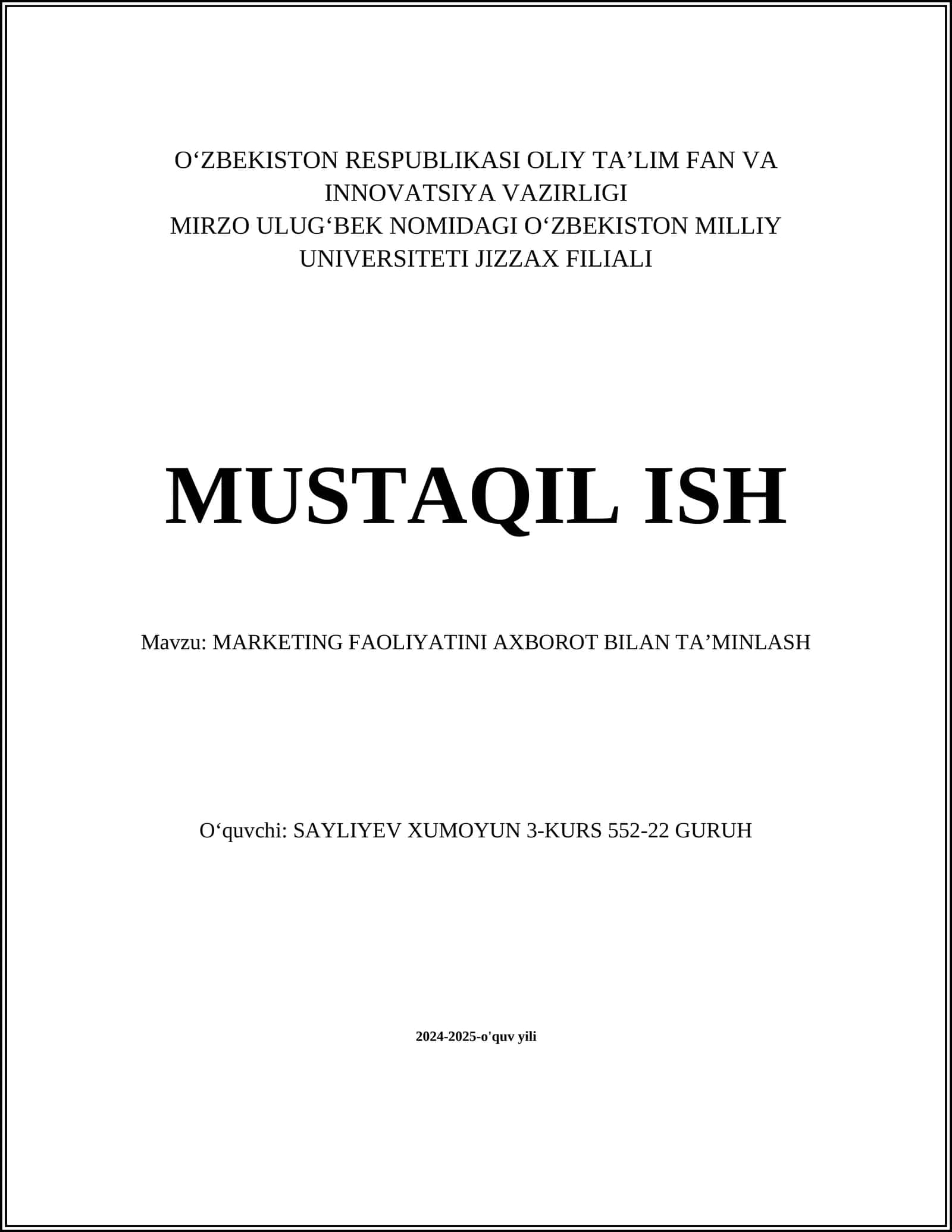 MARKETING FAOLIYATINI AXBOROT BILAN TAʼMINLASH