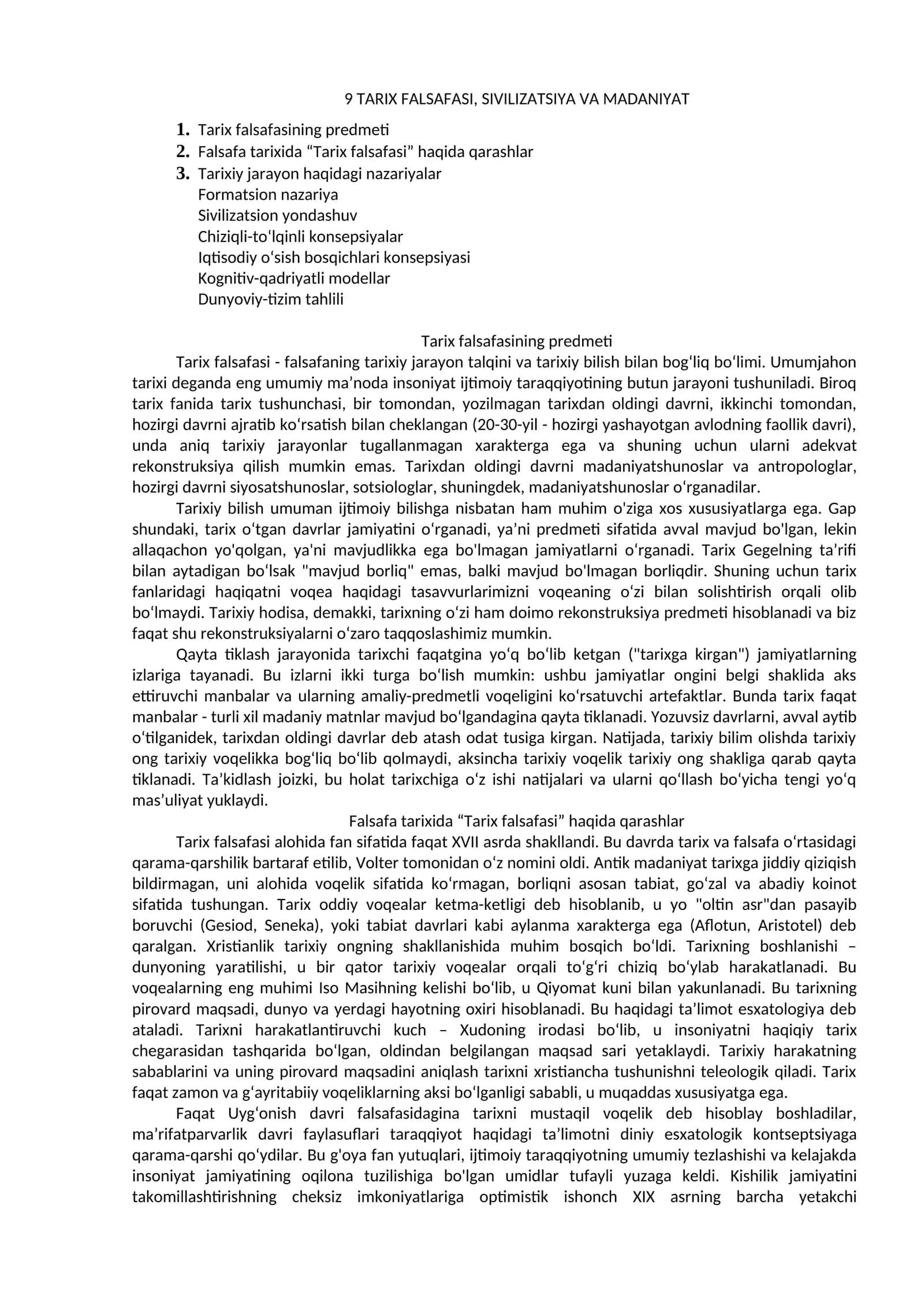TARIX FALSAFASI, SIVILIZATSIYA VA MADANIYAT