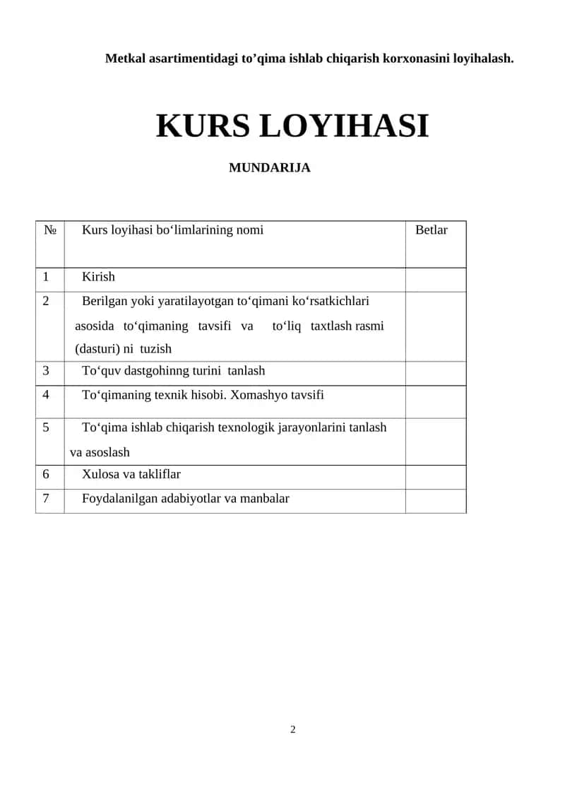 Metkal asortimenti to'qima ishlab chiqarish korxonasini loyihalash
