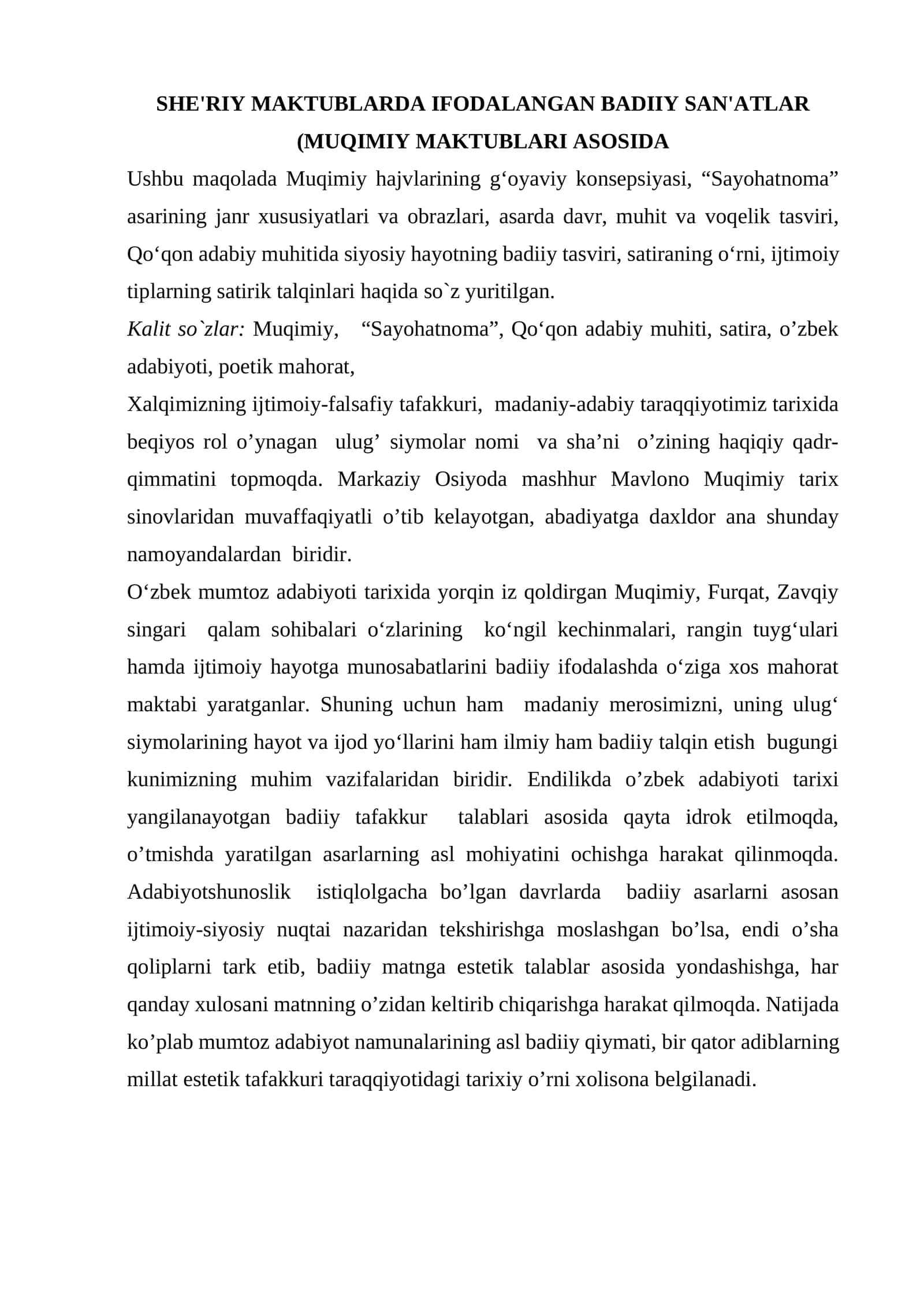 SHE'RIY MAKTUBLARDA IFODALANGAN BADIIY SAN'ATLAR (MUQIMIY MAKTUBLARI ASOSIDA)