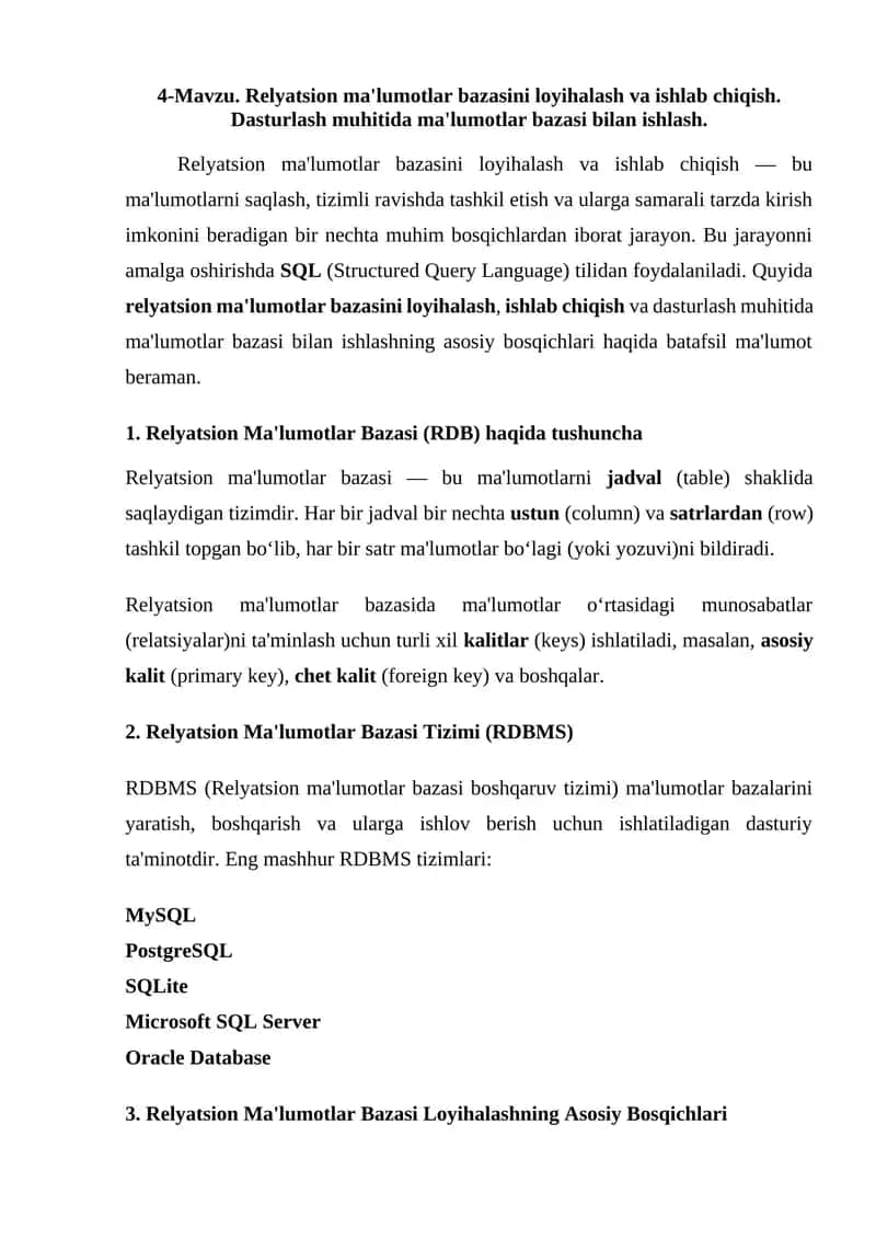 Relyatsion ma'lumotlar bazasini loyihalash va ishlab chiqish