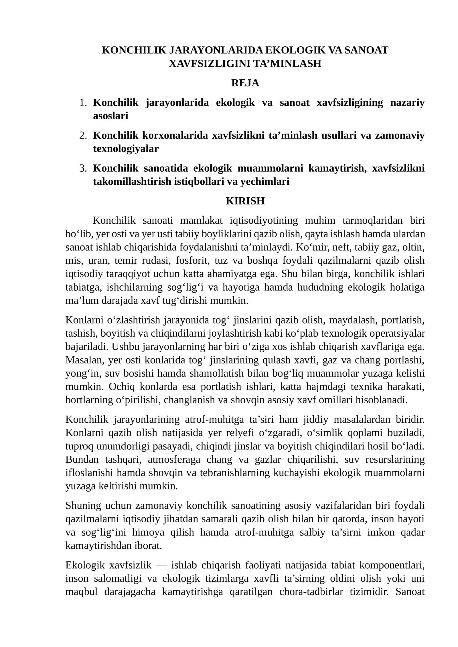 Konchilik Jarayonlarida Ekologik va Sanoat Xavfsizligini Ta’minlash