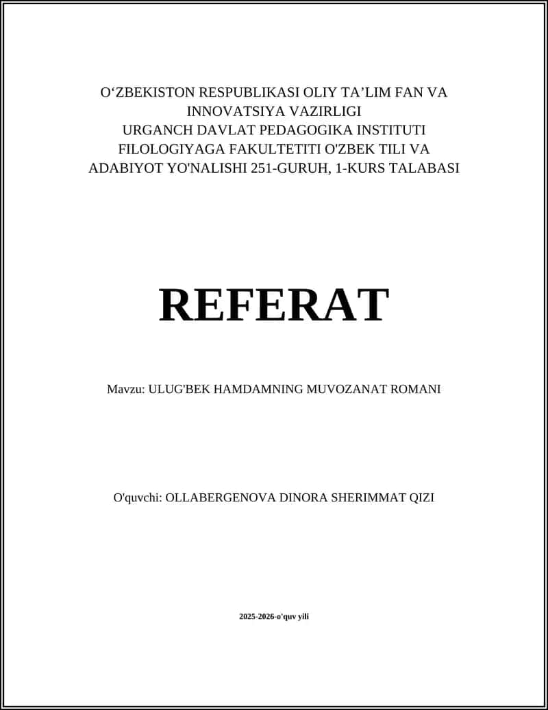 ULUG'BEK HAMDAMNING MUVOZANAT ROMANI