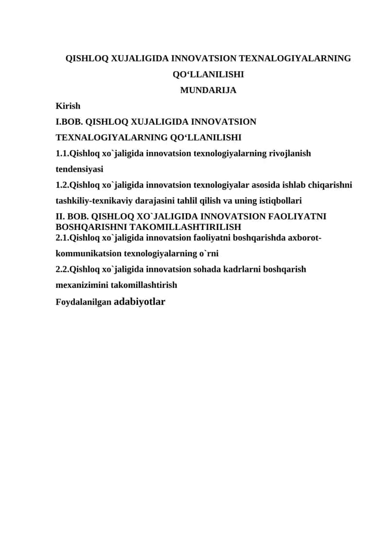 QISHLOQ XUJALIGIDA INNOVATSION TEXNALOGIYALARNING QOʻLLANILISHI