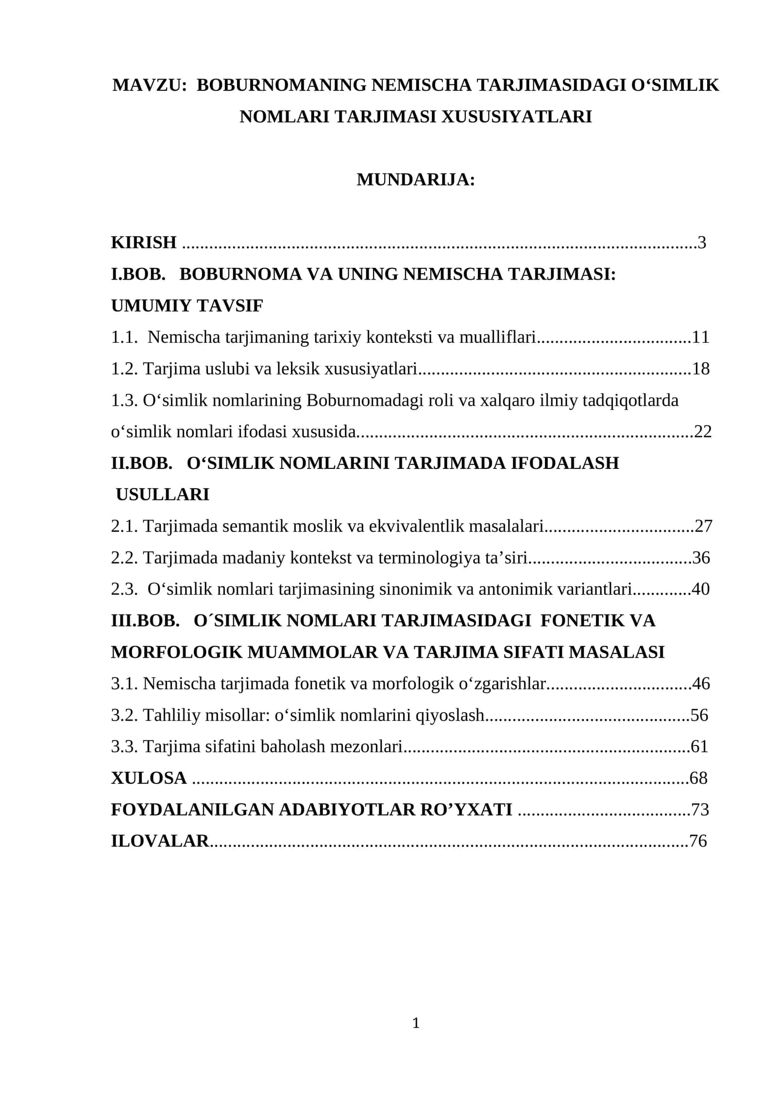 BOBURNOMANING NEMISCHA TARJIMASIDAGI O‘SIMLIK NOMLARI TARJIMASI XUSUSIYATLARI