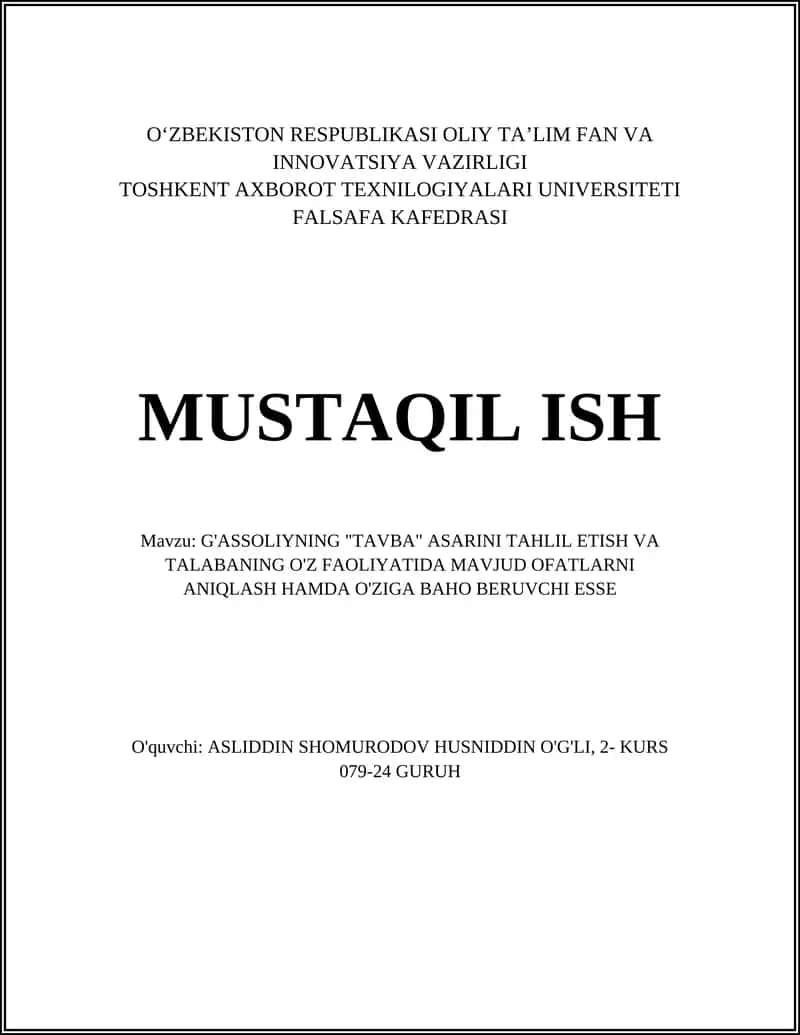 G'assoliyning "Tavba" asarini tahlil etish