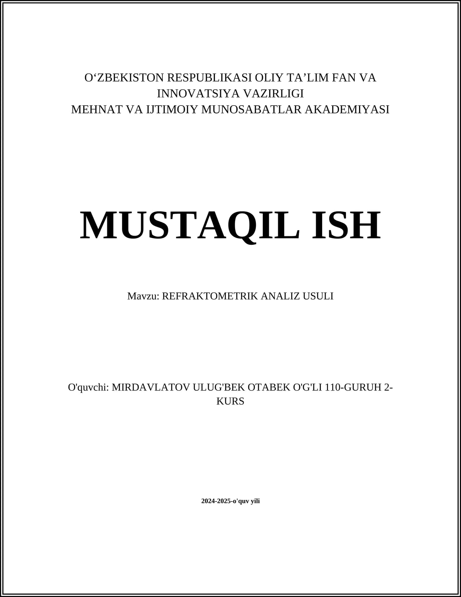 REFRAKTOMETRIK ANALIZ USULI